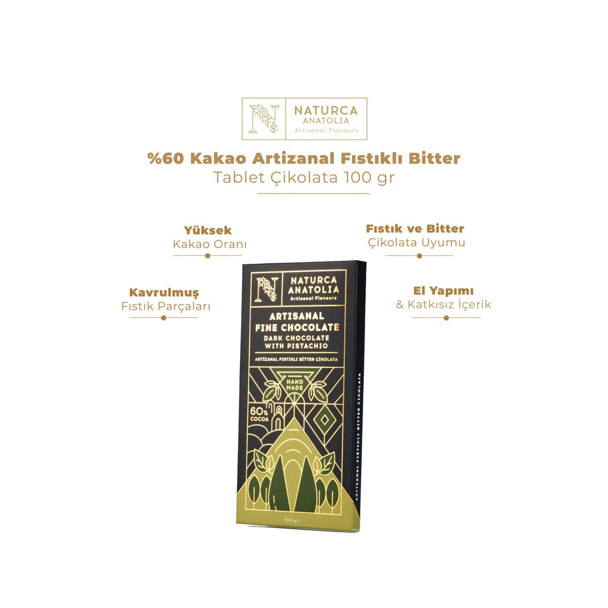 Naturca Anatolia 60% Cocoa Artisanal Pistachio Bitter Chocolate Tablets 100 gr
